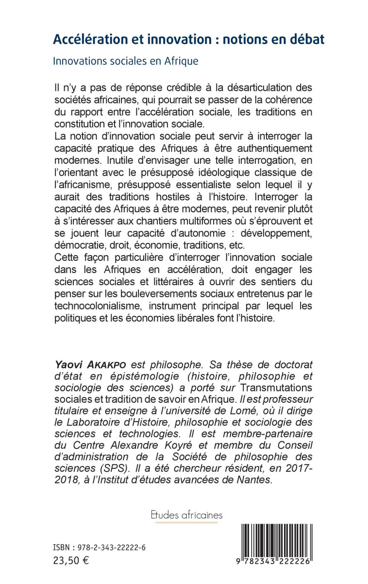 Accélération et innovation : notions en débat - Yaovi Akakpo - L'HARMATTAN